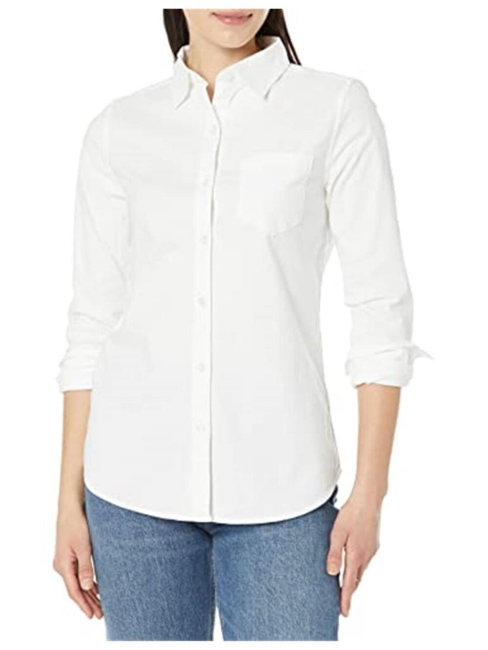 Women White Long Sleeve Button Down Oxford Stretch Cotton Shirt Regular Fit
